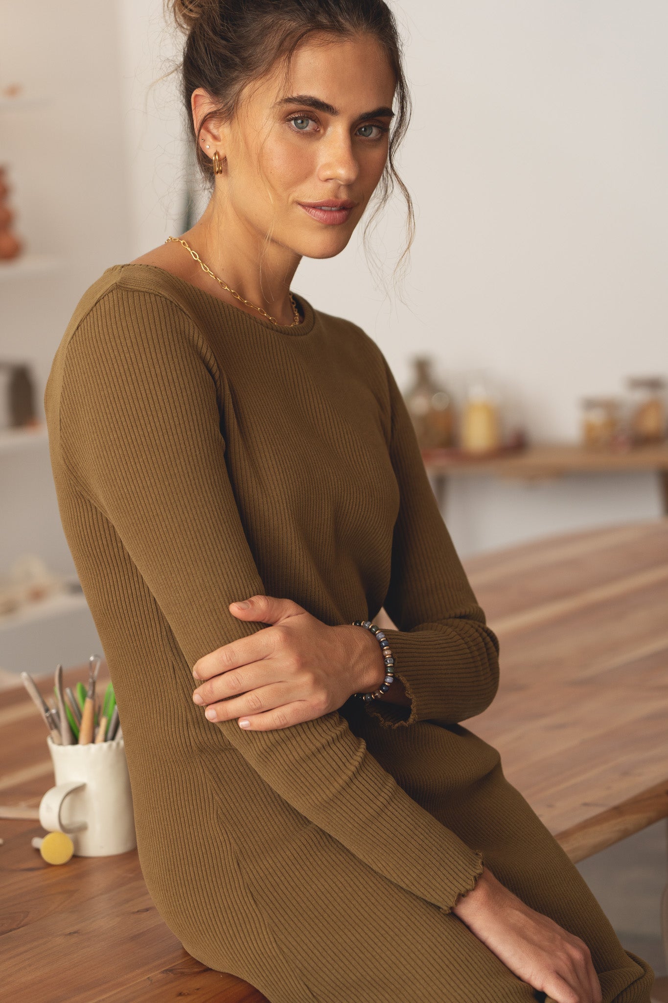 Ella Olive Rib Dress - Näz - Sustainable Fashion Made in Portugal