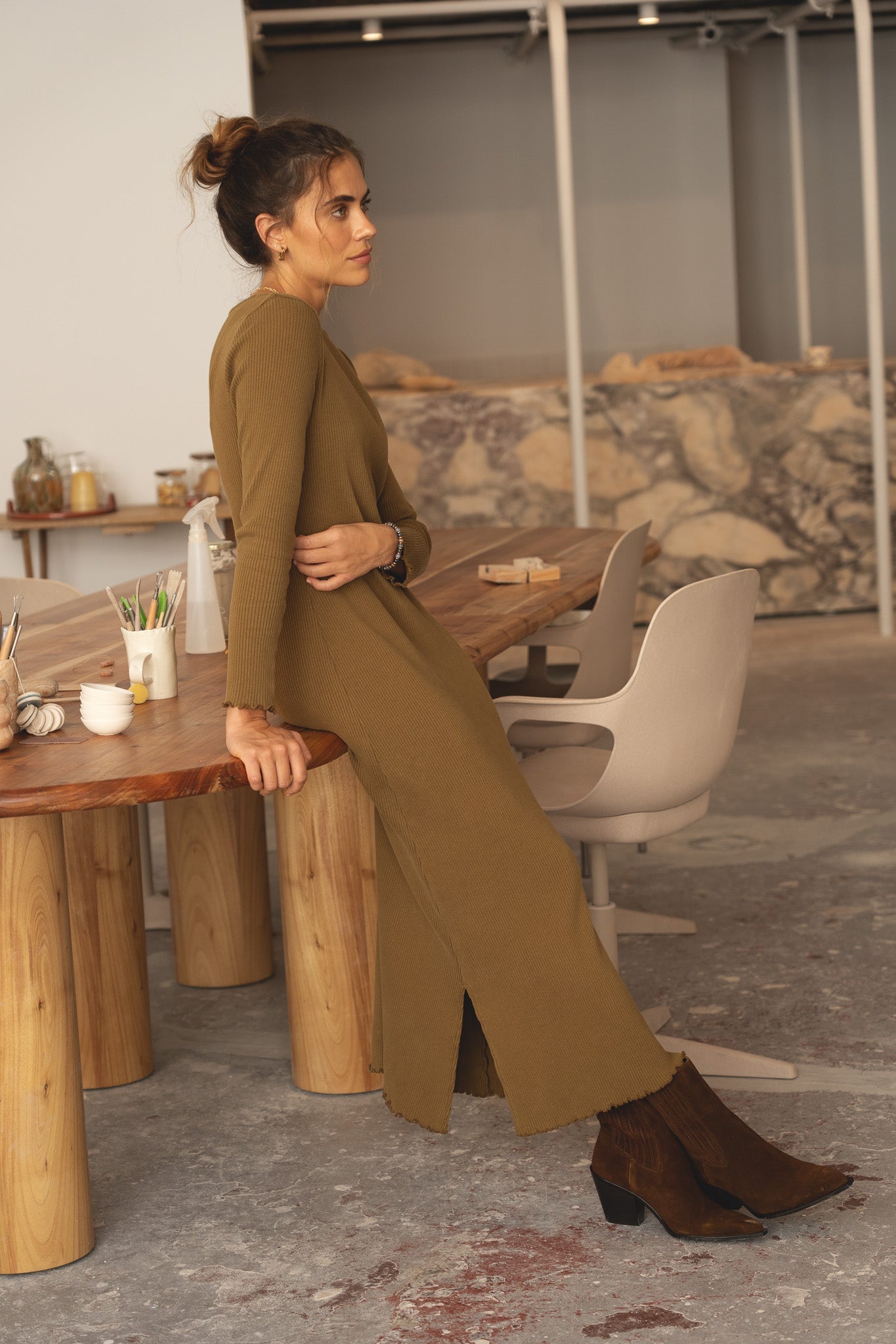Ella Olive Rib Dress - Näz - Sustainable Fashion Made in Portugal