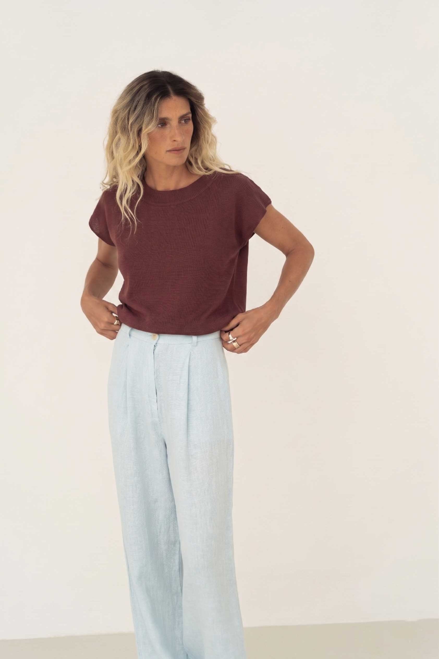 Lucia Brown Linen Knit T-shirt
