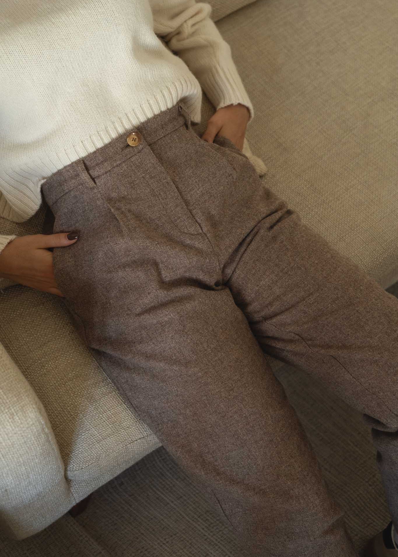 NAZ Zoe Trousers in Beige. Made with 100% Wool. Produced ethically in Portugal.