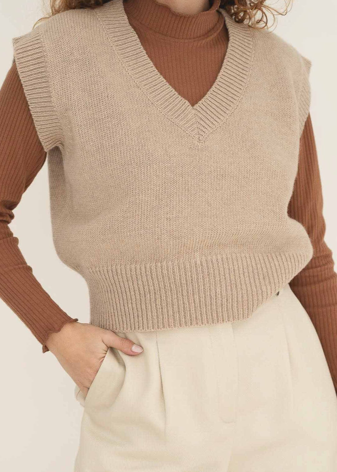 NAZ Alice Knit Vest in Beige. Made with 100% Recycled Wool.