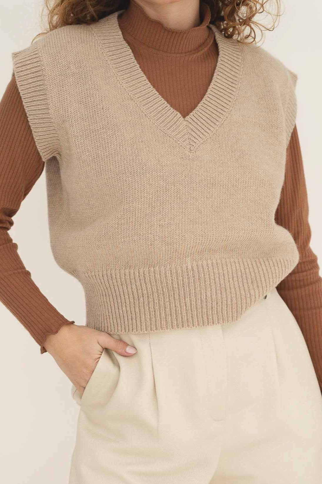 NAZ Alice Knit Vest in Beige. Made with 100% Recycled Wool.