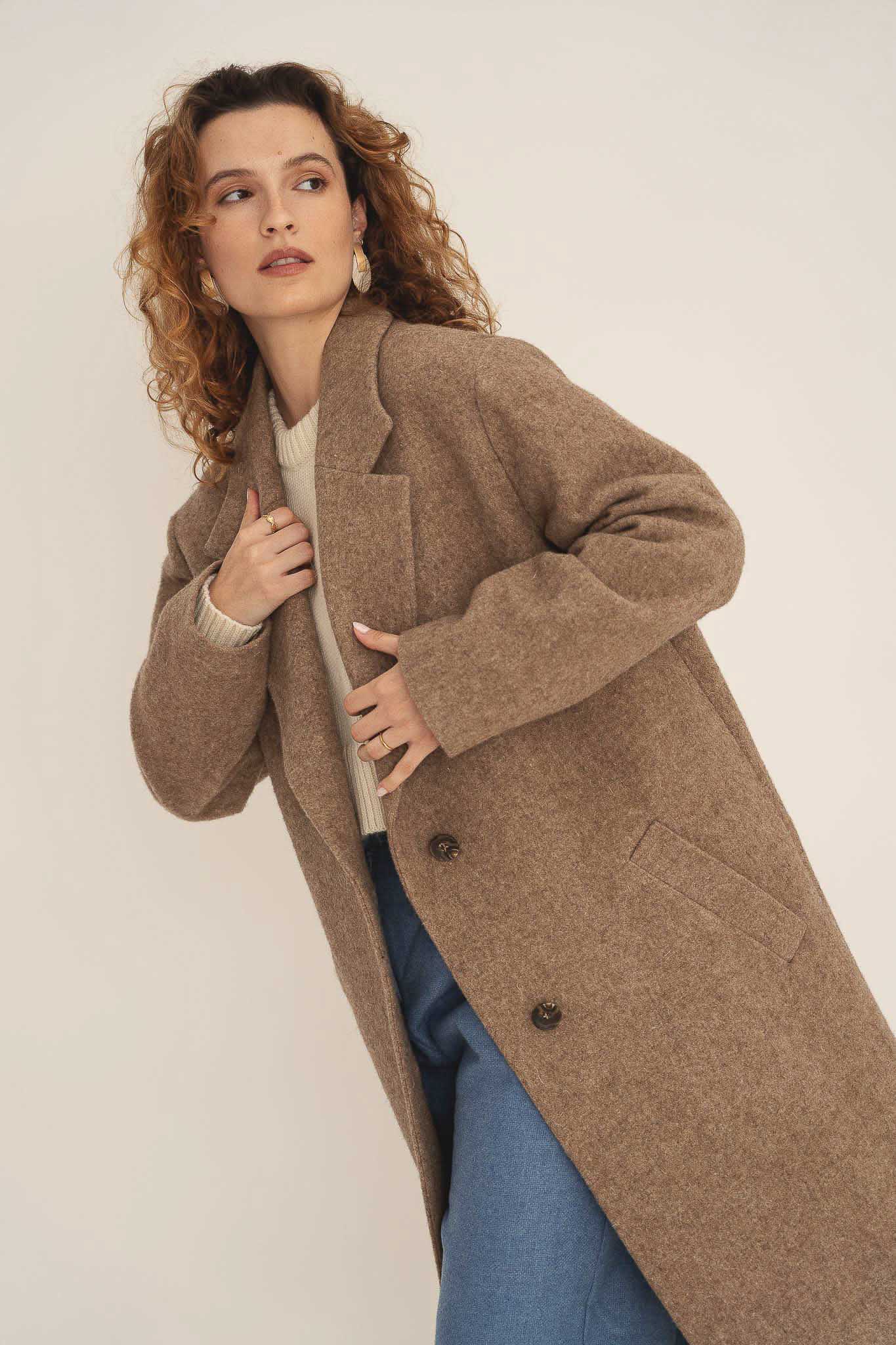 NAZ Noah Overcoat in Camel. Made with 100% Undyed Wool. Produced ethically in Portugal.