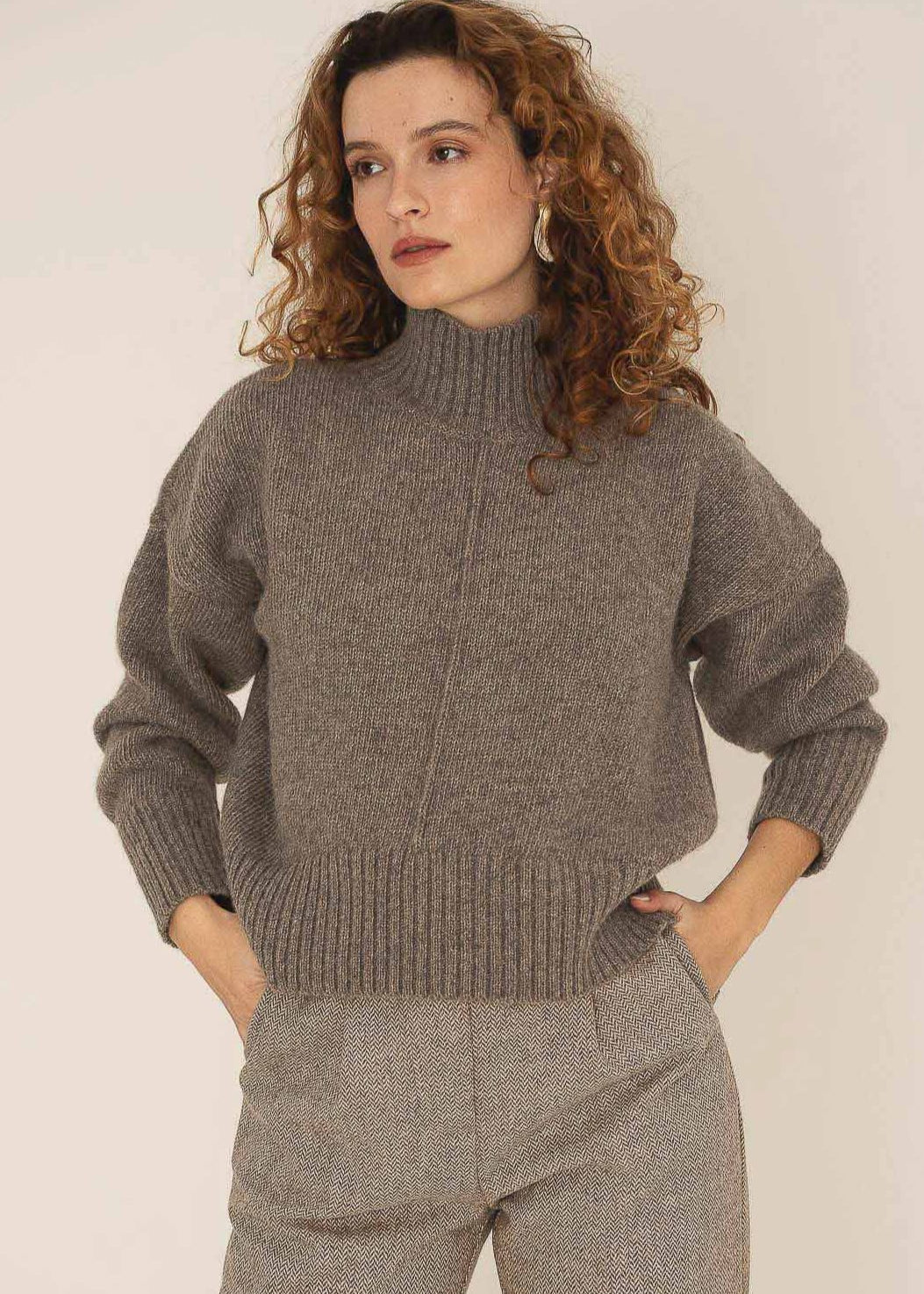 NAZ Emma Sweater in Brown. Made with 50% Recycled Aplaca and 50% Recycled Wool. Produced ethically in Portugal.