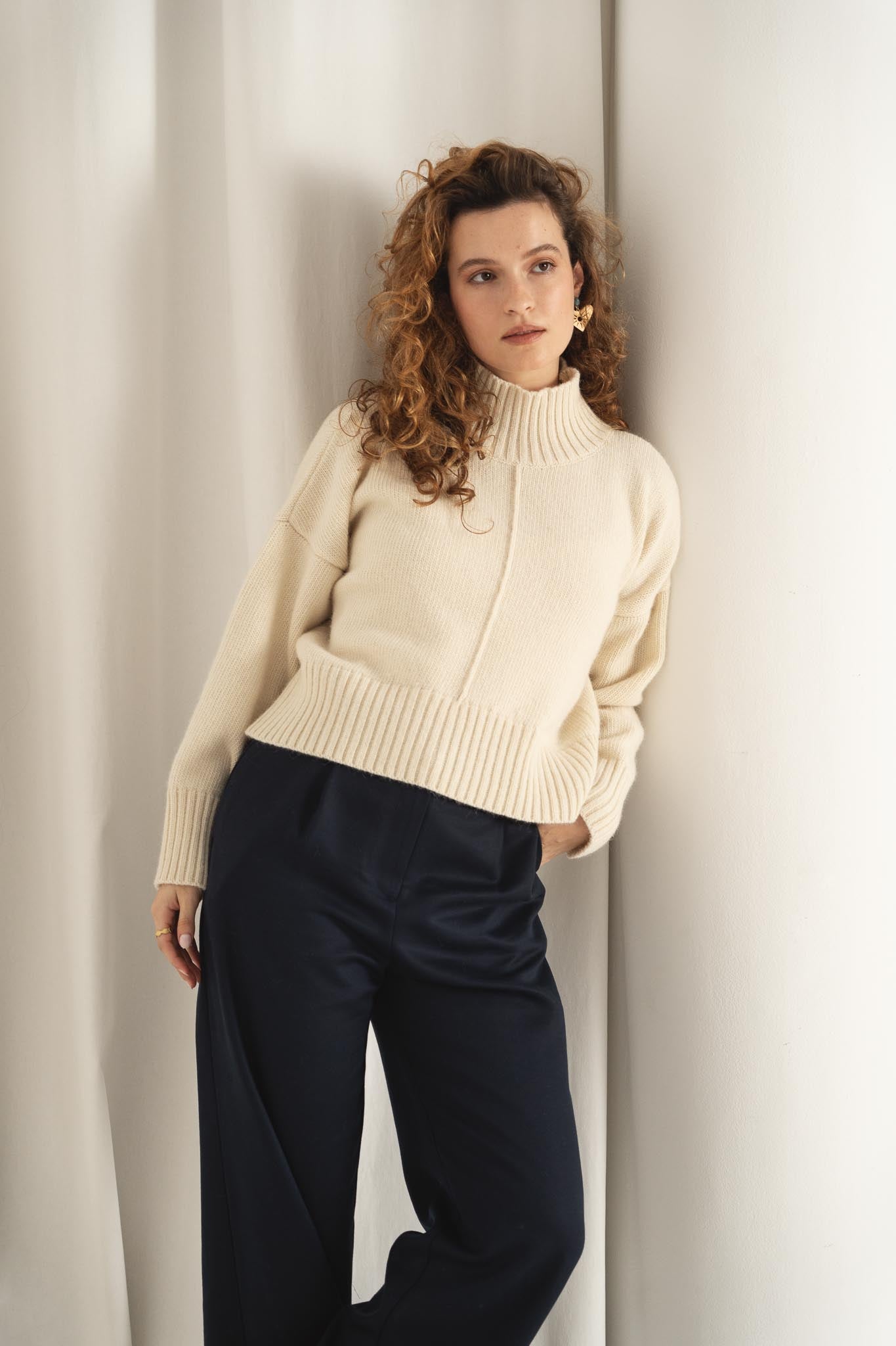 NAZ Emma Sweater in White. Made with 50% Recycled Aplaca and 50% Recycled Wool. Produced ethically in Portugal.