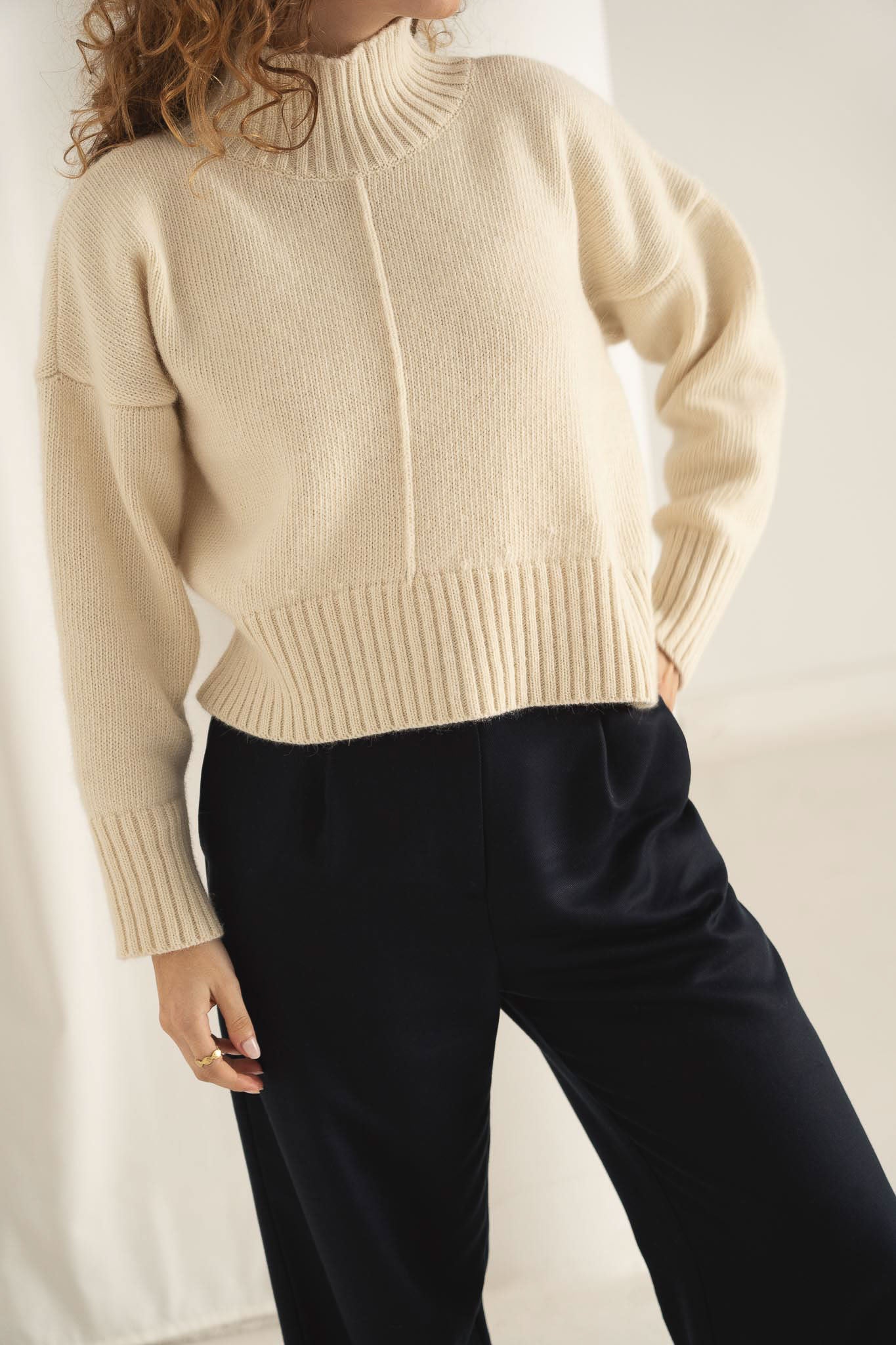 NAZ Emma Sweater in White. Made with 50% Recycled Aplaca and 50% Recycled Wool. Produced ethically in Portugal.