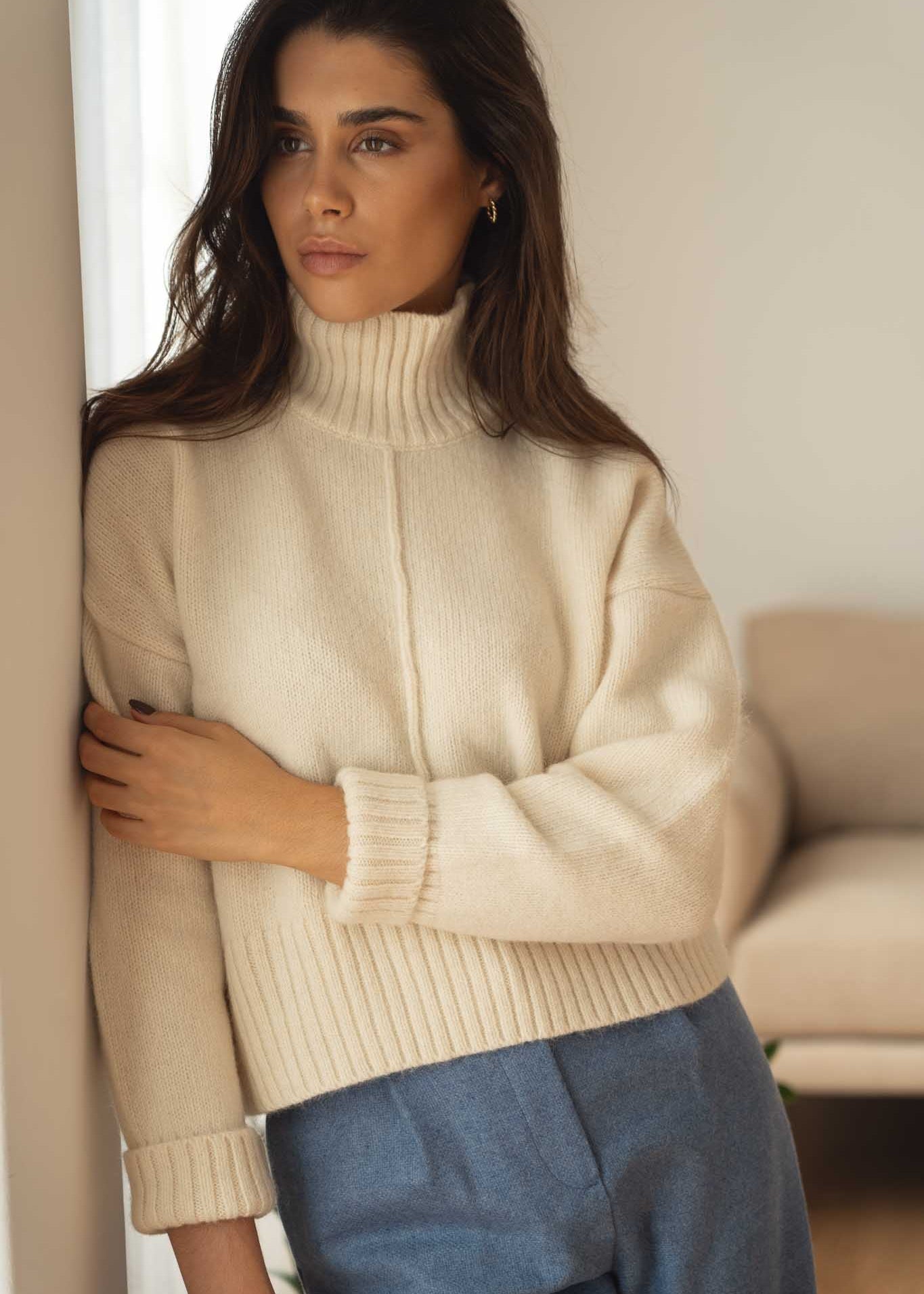 NAZ Emma Sweater in White. Made with 50% Recycled Aplaca and 50% Recycled Wool. Produced ethically in Portugal.