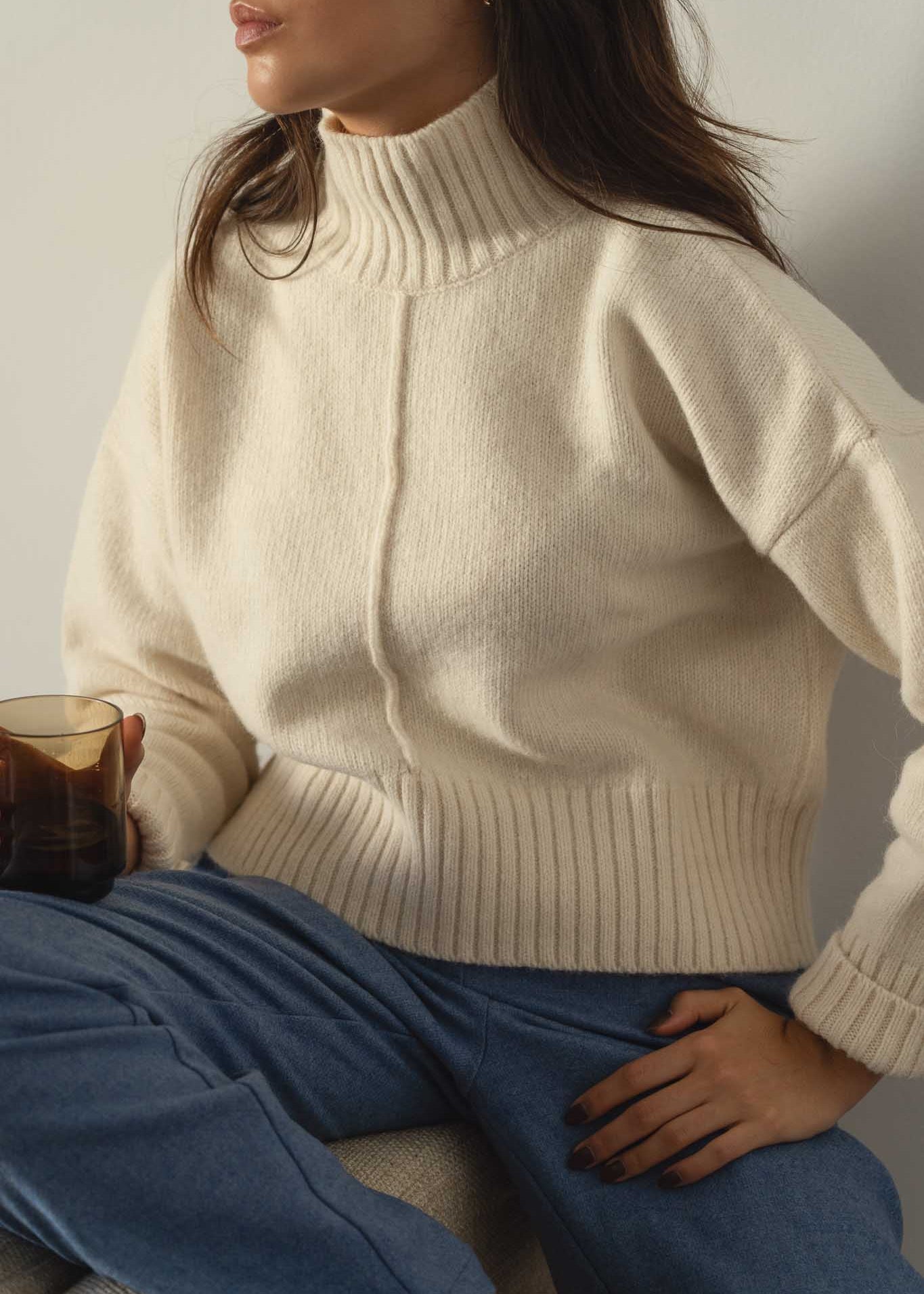 NAZ Emma Sweater in White. Made with 50% Recycled Aplaca and 50% Recycled Wool. Produced ethically in Portugal.