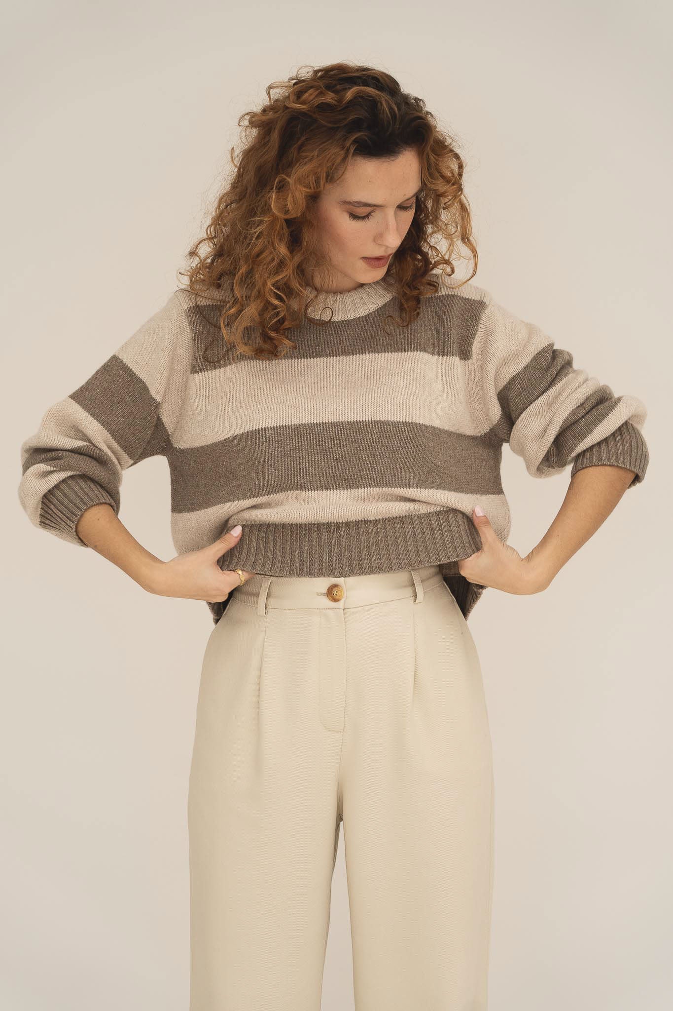 NAZ Mia Striped Sweater in Beige. Made with Recycled Polyamide and Wool. Produced ethically in Portugal.