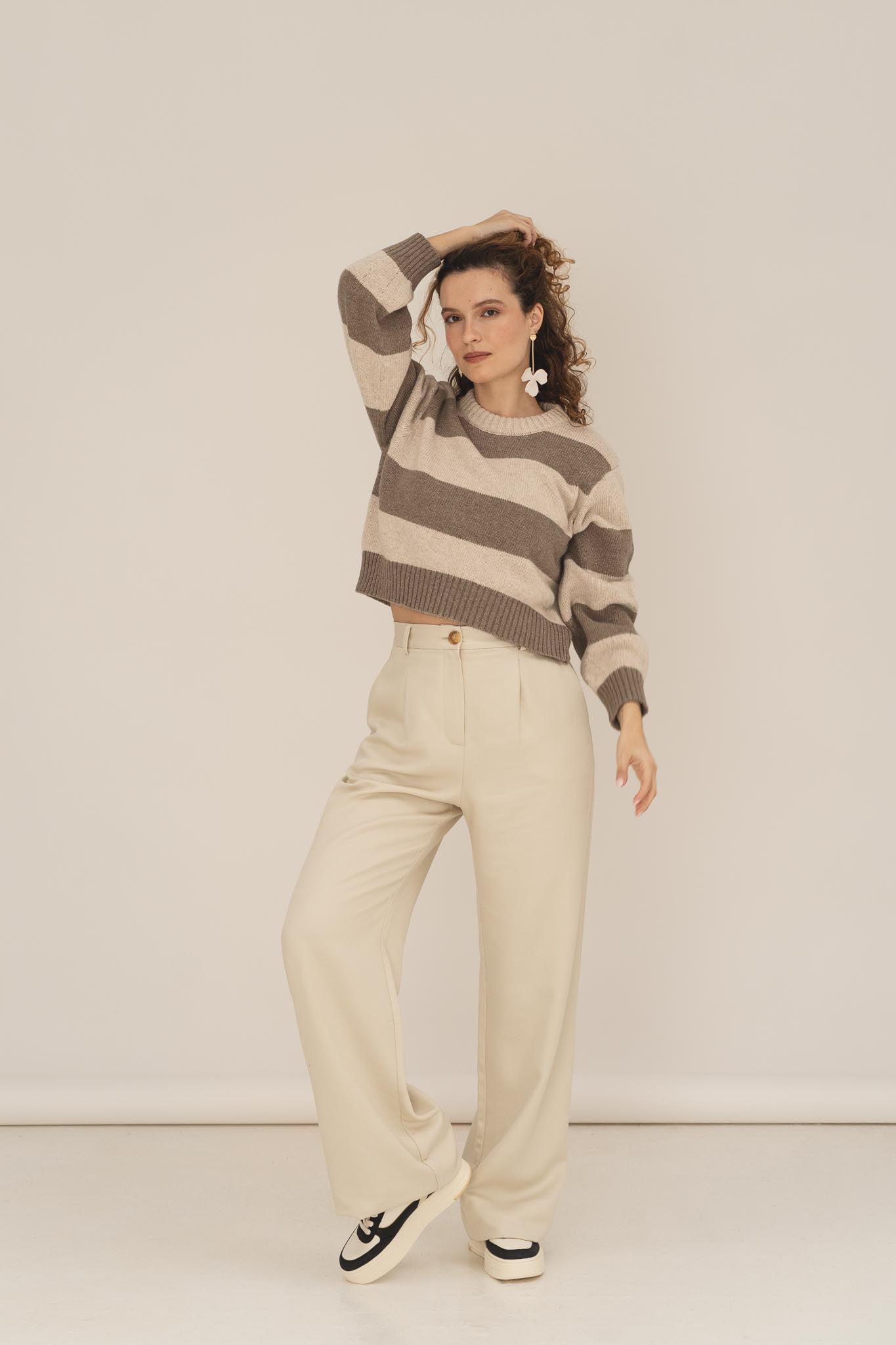 NAZ Mia Striped Sweater in Beige. Made with Recycled Polyamide and Wool. Produced ethically in Portugal.