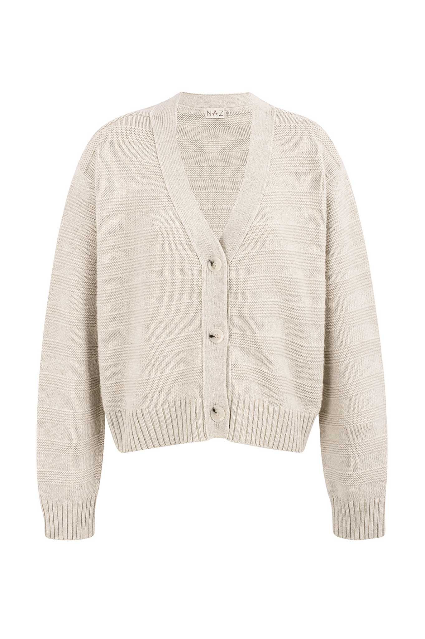 NAZ Sophia Knit Cardigan in Beige. Made with Recycled Polyamide and Wool. Produced ethically in Portugal.