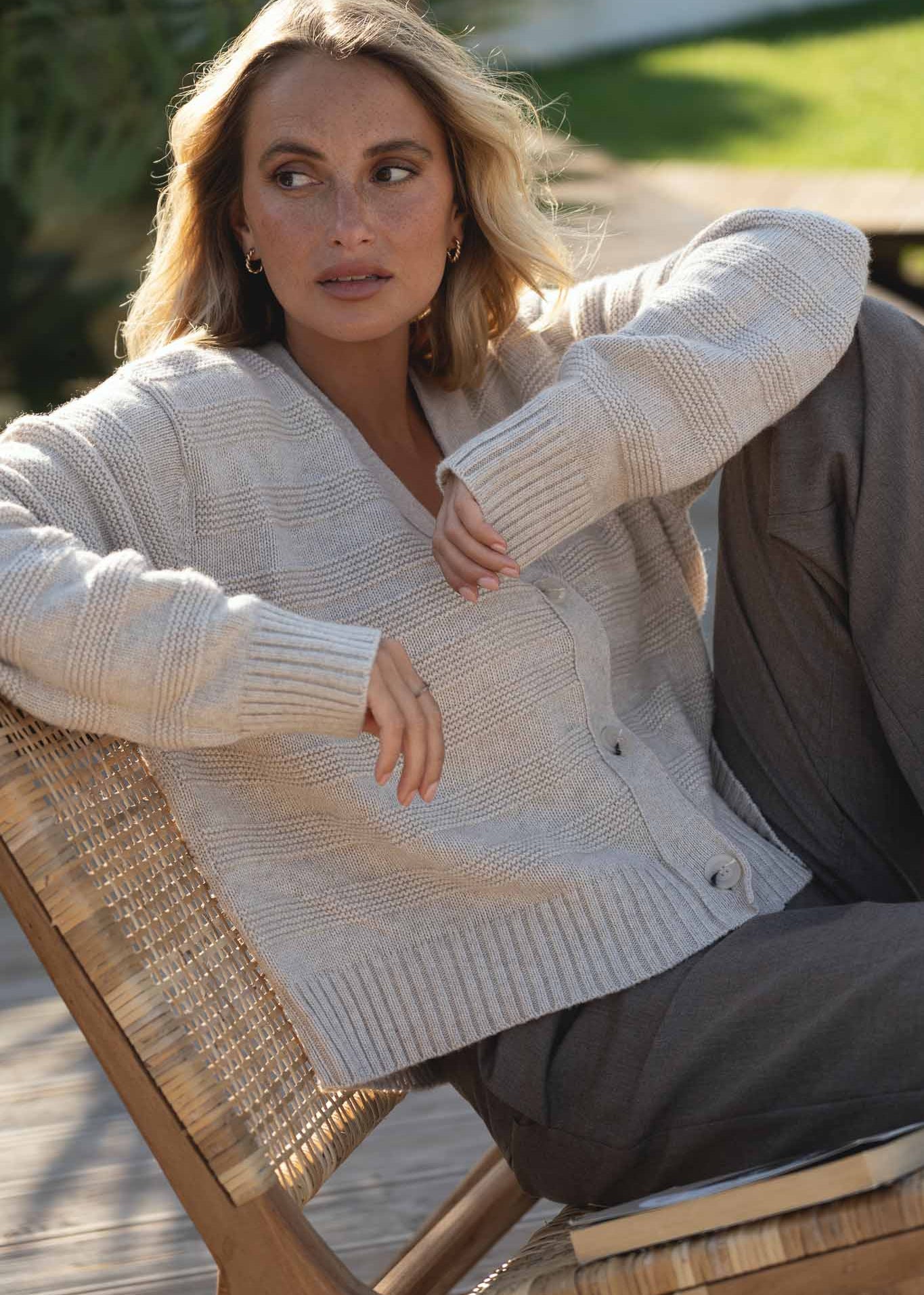 NAZ Sophia Knit Cardigan in Beige. Made with Recycled Polyamide and Wool. Produced ethically in Portugal.