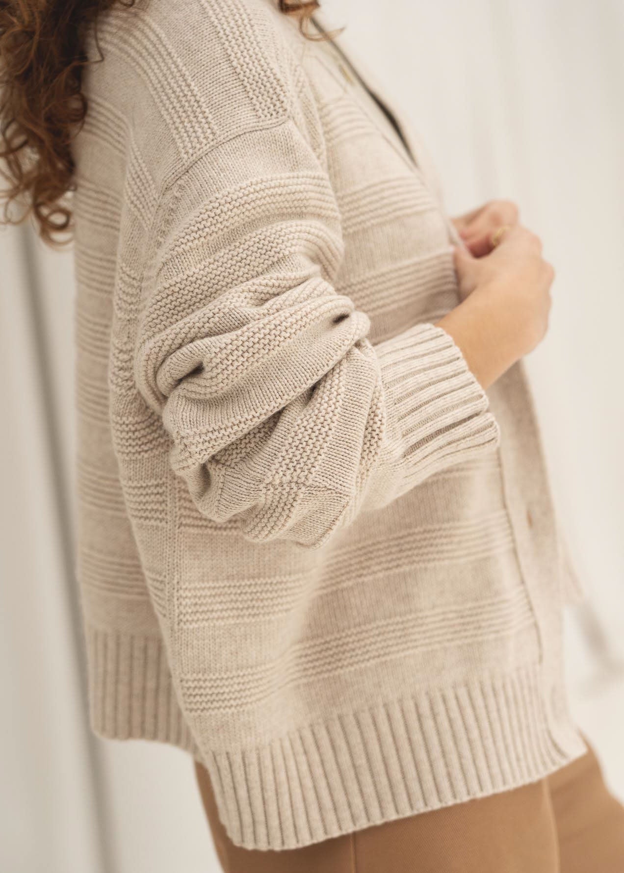 NAZ Sophia Knit Cardigan in Beige. Made with Recycled Polyamide and Wool. Produced ethically in Portugal.