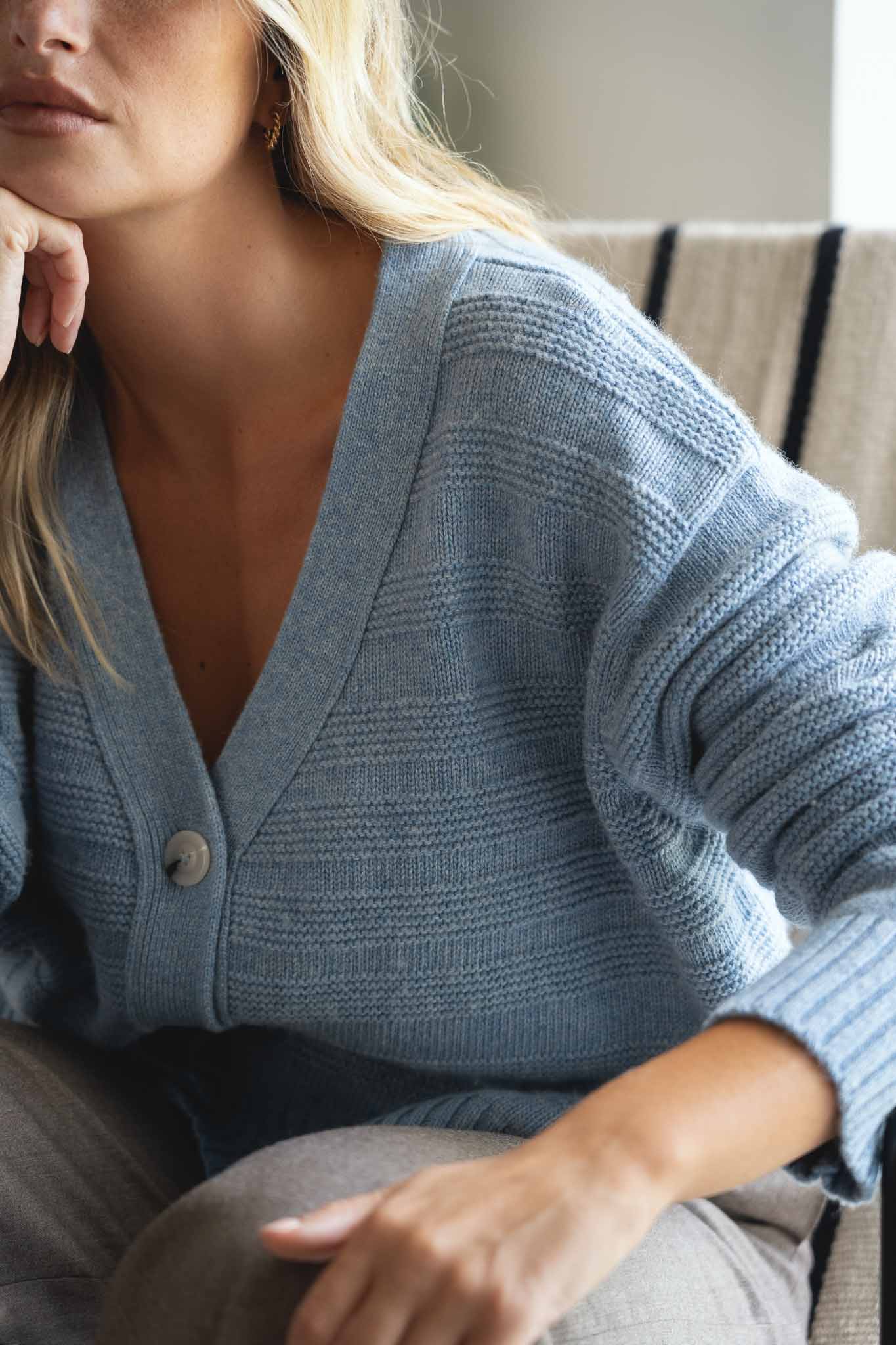 NAZ Sophia Knit Cardigan in Blue. Made with Recycled Polyamide and Wool. Produced ethically in Portugal.