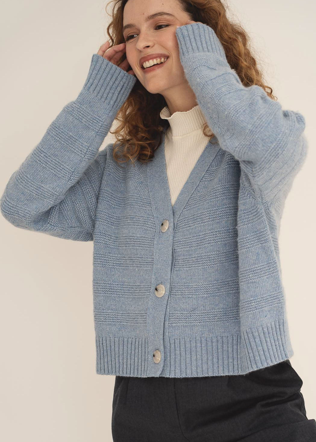 NAZ Sophia Knit Cardigan in Blue. Made with Recycled Polyamide and Wool. Produced ethically in Portugal.