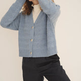 NAZ Sophia Knit Cardigan in Blue. Made with Recycled Polyamide and Wool. Produced ethically in Portugal.