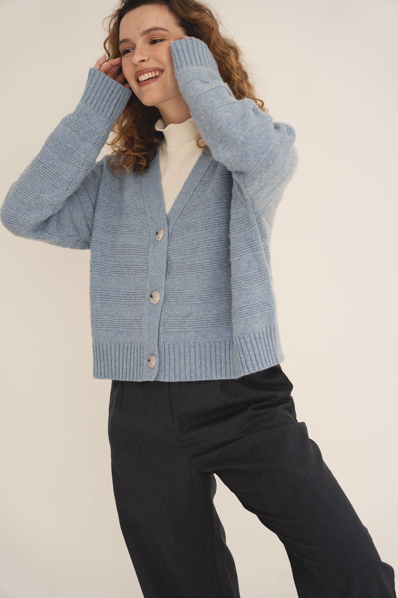 NAZ Sophia Knit Cardigan in Blue. Made with Recycled Polyamide and Wool. Produced ethically in Portugal.