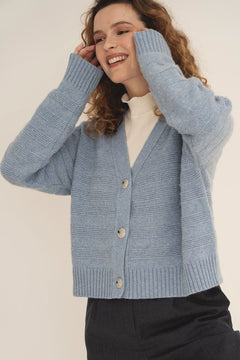 NAZ Sophia Knit Cardigan in Blue. Made with Recycled Polyamide and Wool. Produced ethically in Portugal.