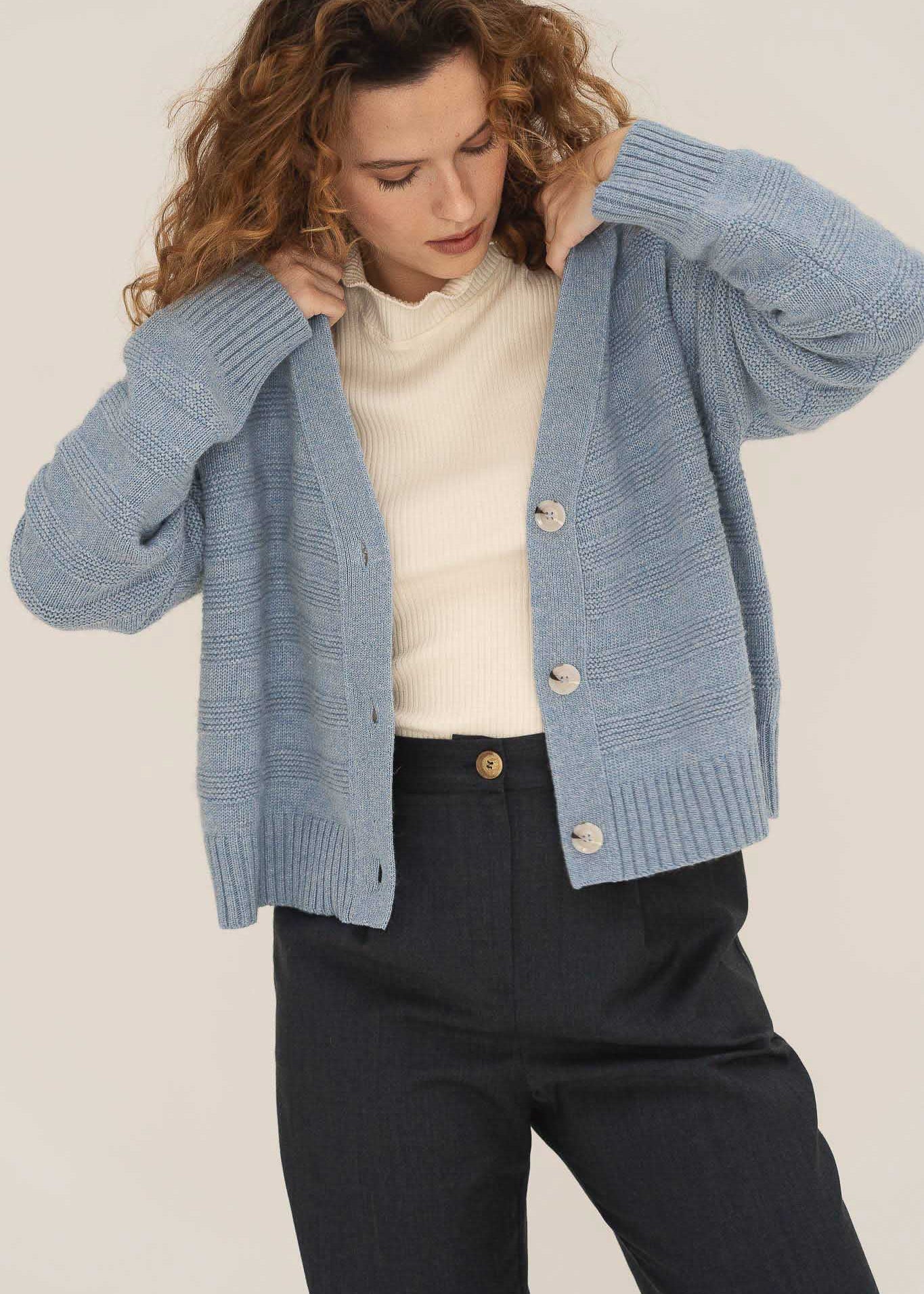 NAZ Sophia Knit Cardigan in Blue. Made with Recycled Polyamide and Wool. Produced ethically in Portugal.